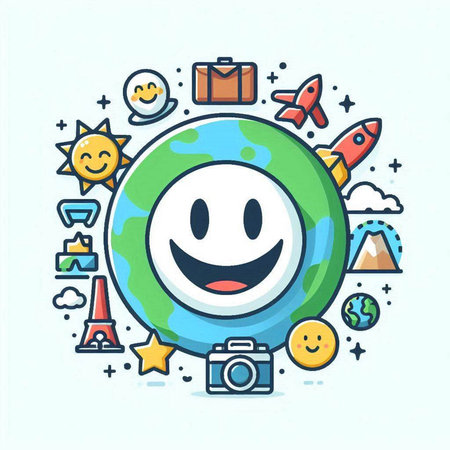 Vector illustration of happy earth with social media icons in line art style.のイラスト素材