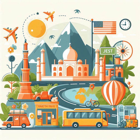 Traveling around the world. Colorful vector illustration in flat styleのイラスト素材