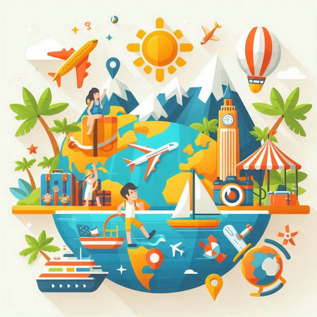 Travel around the world. Vacation and travel concept. Vector illustrationのイラスト素材