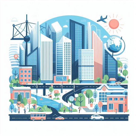 Cityscape with buildings, roads and people. Vector illustration in flat styleのイラスト素材