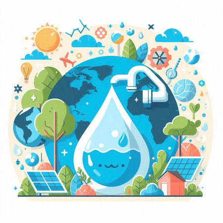Ecology concept. Vector illustration in flat style. Water drop with solar panels and wind turbines.のイラスト素材