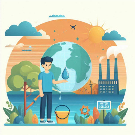 Ecology concept with man and planet. Vector illustration in flat styleのイラスト素材