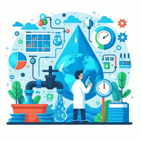Plumber in uniform works with water. Vector illustration in flat styleのイラスト素材