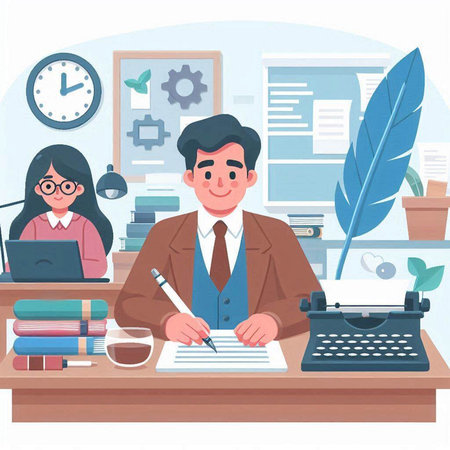 Journalist writing a letter at his desk. Vector illustration in cartoon style.のイラスト素材