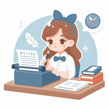 Girl writing a letter with a typewriter. Vector illustration on white background.のイラスト素材
