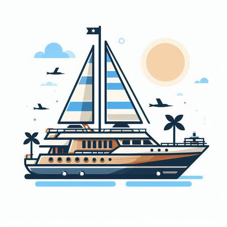 Yacht on the sea. Vector illustration in flat linear style.のイラスト素材