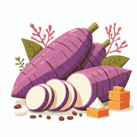 Illustration of purple sweet potato with leaves and slices on white backgroundのイラスト素材