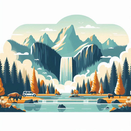 Mountain landscape with a waterfall in the forest. Vector illustration.のイラスト素材