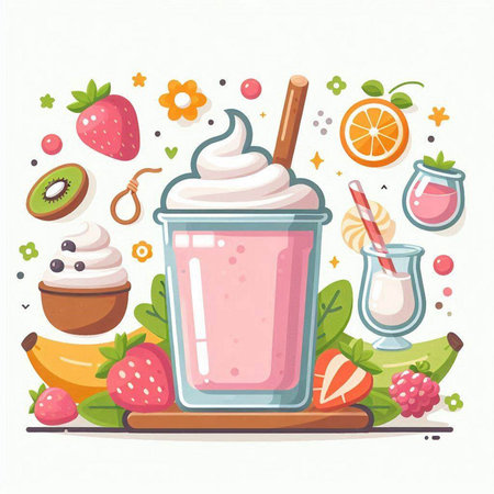 Milkshake with fruits and berries. Vector illustration in flat style.のイラスト素材