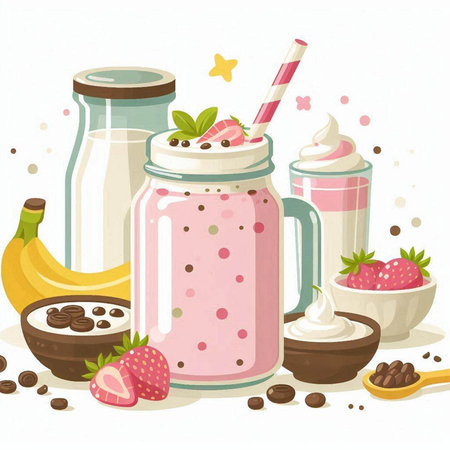 Vector illustration of a milkshake with strawberries, bananas and whipped creamのイラスト素材