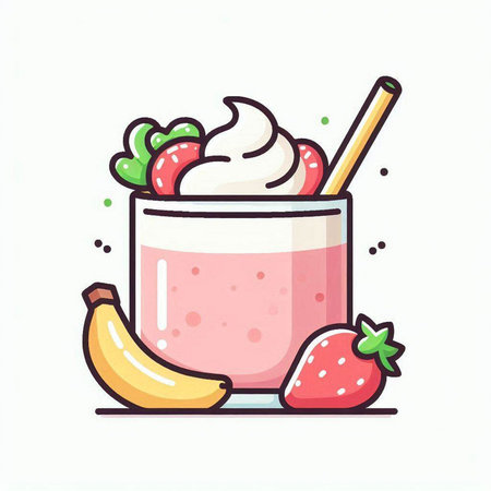 Strawberry milkshake with whipped cream and banana. Vector illustration.のイラスト素材