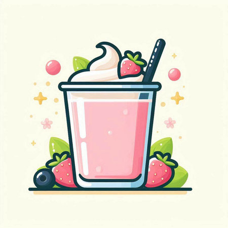 Milkshake with strawberries and ice cream in a glass. Vector illustration.のイラスト素材