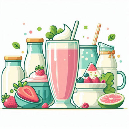 Vector illustration of a set of healthy smoothies with fruits and berries.のイラスト素材