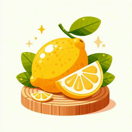 Lemon fruit with leaves and slice on wooden board. Vector illustration.のイラスト素材