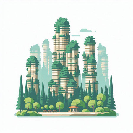 City landscape with skyscrapers and green trees. Vector illustration.のイラスト素材