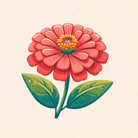 Beautiful red zinnia flower with green leaves. Vector illustration.のイラスト素材