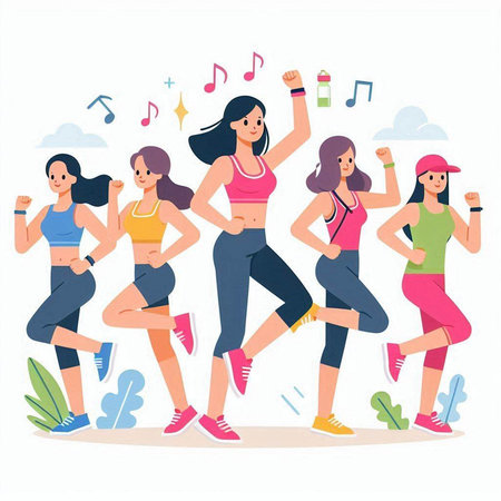 Group of sporty women running in the park. Vector illustration.のイラスト素材