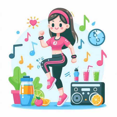 Sporty girl running and listening to music. Vector flat cartoon illustrationのイラスト素材