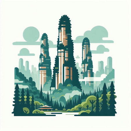 Futuristic city with skyscrapers and trees. Vector illustration.のイラスト素材