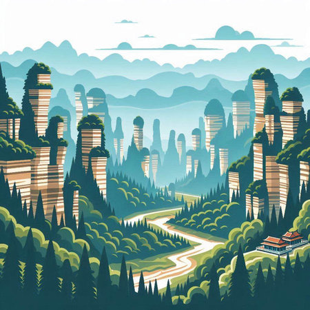 Landscape with mountains, forest and river. Vector illustration in retro style.のイラスト素材
