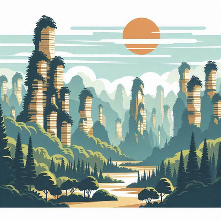 Landscape with mountains, river and forest. Vector illustration in flat style.のイラスト素材