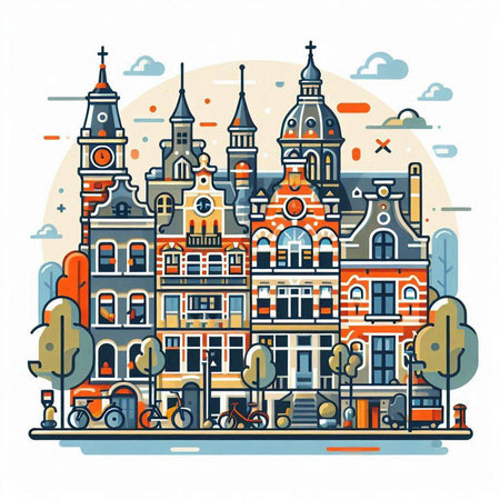 Amsterdam, Netherlands. Colorful vector illustration in flat style.のイラスト素材
