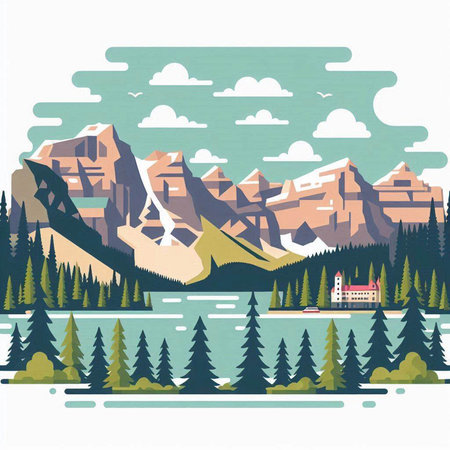 Mountains and forest landscape with lake. Vector illustration in flat style.のイラスト素材