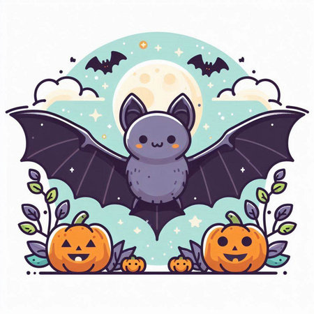 Halloween greeting card with cute bat and pumpkins. Vector illustration.のイラスト素材
