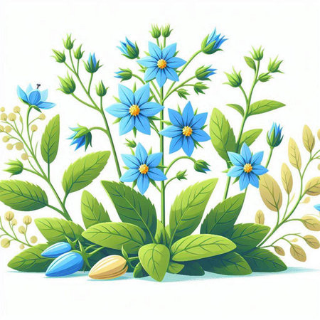 Floral background with blue flowers and green leaves. Vector illustration.のイラスト素材