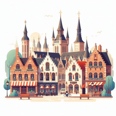 Old town of Bruges, Belgium. Colorful vector illustration.のイラスト素材