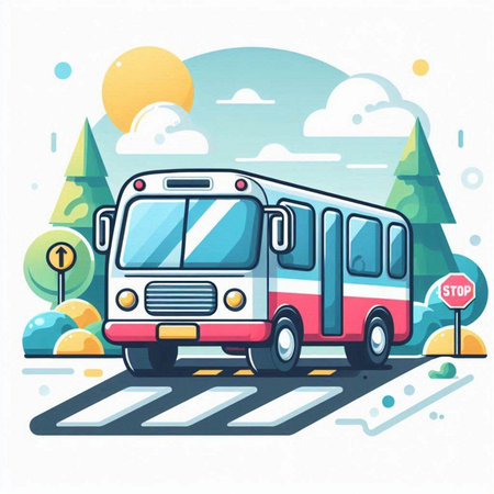 Bus on the road. Vector illustration in flat style. Isolated on white backgroundのイラスト素材