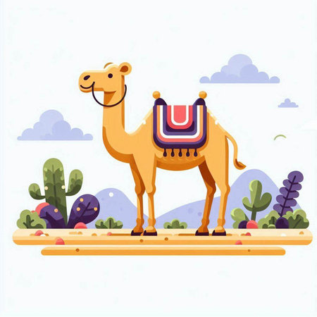 Camel in the desert. Vector illustration in flat cartoon style.のイラスト素材