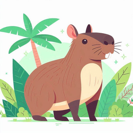 Cute rat on the background of tropical plants. Vector illustration.のイラスト素材
