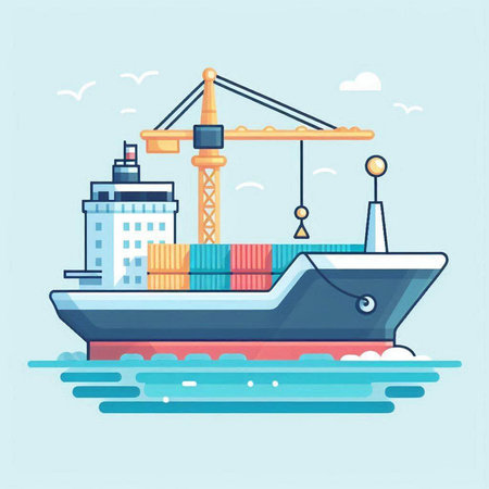 Cargo ship with cranes and seagulls in flat style. Vector illustration.のイラスト素材