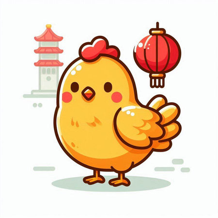 Vector illustration of cute cartoon chinese chicken with red lanterns.のイラスト素材