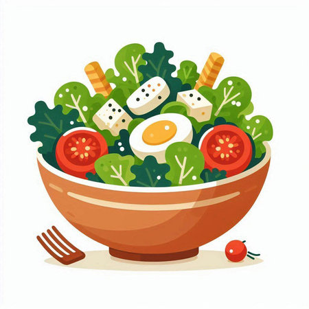 Salad in bowl with cheese, tomato, lettuce and egg. Vector illustrationのイラスト素材