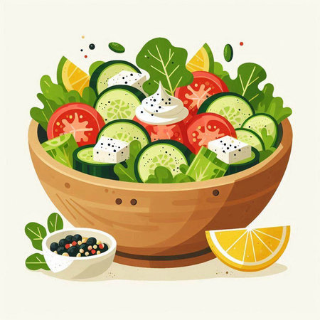 Vegetable salad in a wooden bowl. Healthy food. Vector illustration.のイラスト素材