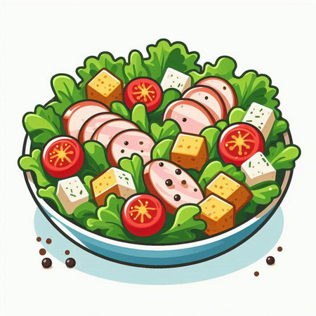 Salad with cheese and vegetables in a bowl. Vector illustration.のイラスト素材