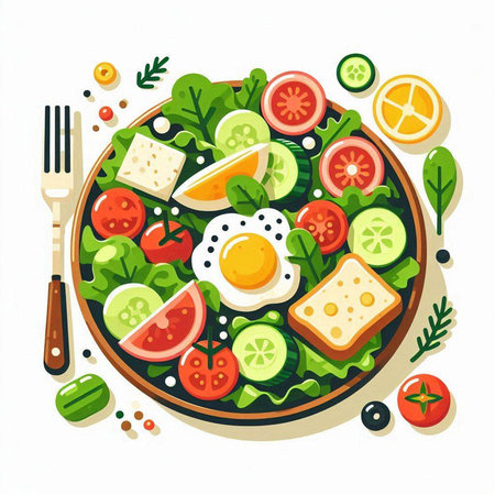 Healthy breakfast. Salad with fried egg, cheese, tomato, cucumber, lettuce and olive oil. Vector illustrationのイラスト素材