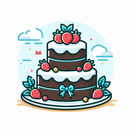 Birthday cake with berries and ribbon. Vector illustration in flat styleのイラスト素材