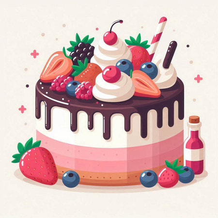 Birthday cake with berries. Vector illustration in flat design style.のイラスト素材
