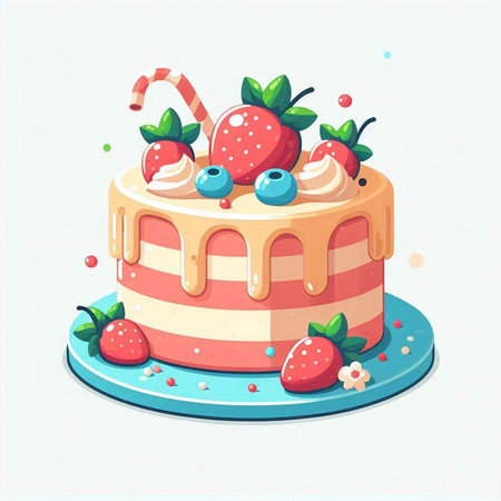 Cake with berries and candies. Vector illustration in cartoon style.のイラスト素材
