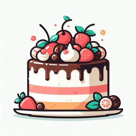 Cake with cherries and strawberries on a white background. Vector illustration.のイラスト素材