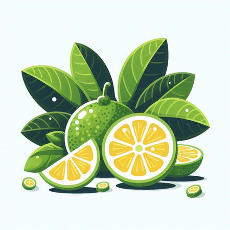 Illustration of fresh lime with green leaves on white background. Vector illustration.のイラスト素材