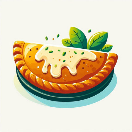 Illustration of a pie with cheese and herbs on a white backgroundのイラスト素材