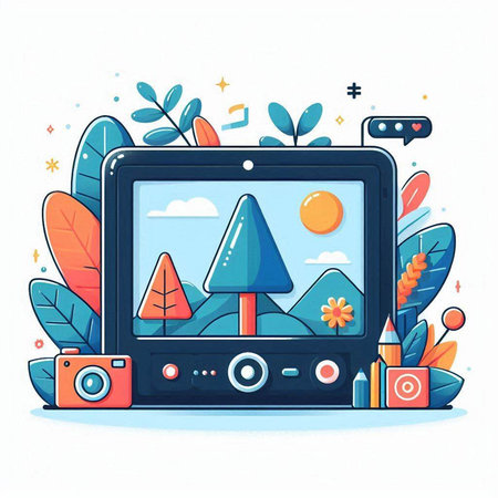Vector illustration of a flat design of a gamepad with a picture of a landscape.のイラスト素材