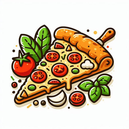 Pizza slice with tomato and basil on white background. Vector illustration.のイラスト素材