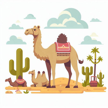 Camel and cactuses in desert. Vector illustration in flat styleのイラスト素材