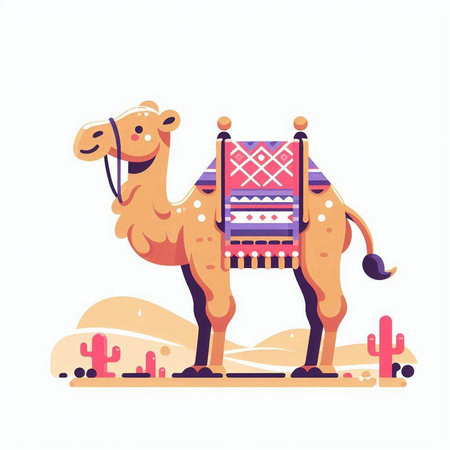 Cute cartoon camel on white background. Vector illustration in flat style.のイラスト素材