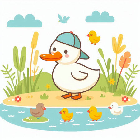 Duck and ducklings in the park. Vector illustration of a cartoon character.のイラスト素材